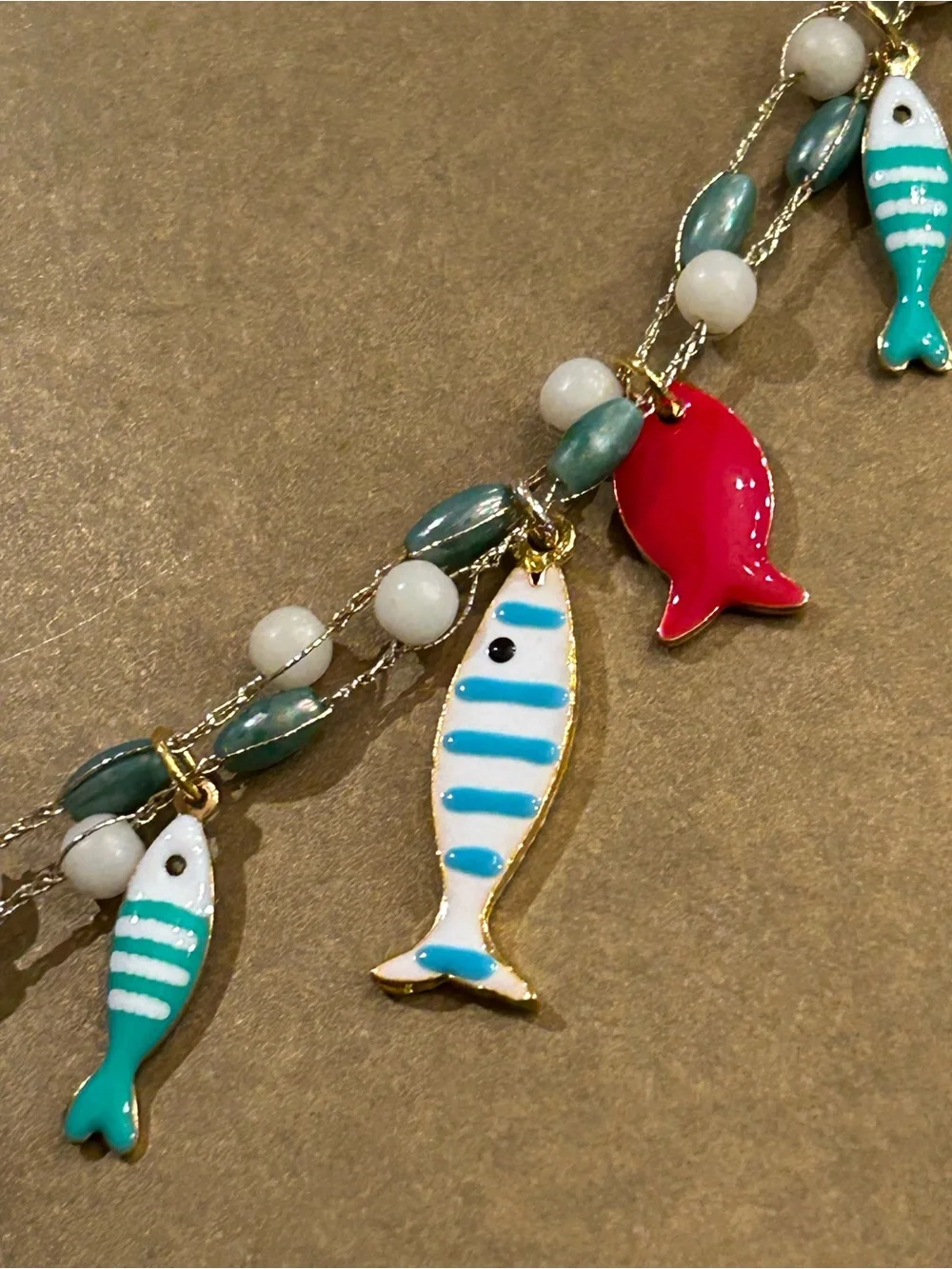 NWOT Necklace “1 Fish, 2 Fish, Red Fish…enamel Sea Life Charms, Aqua white beads